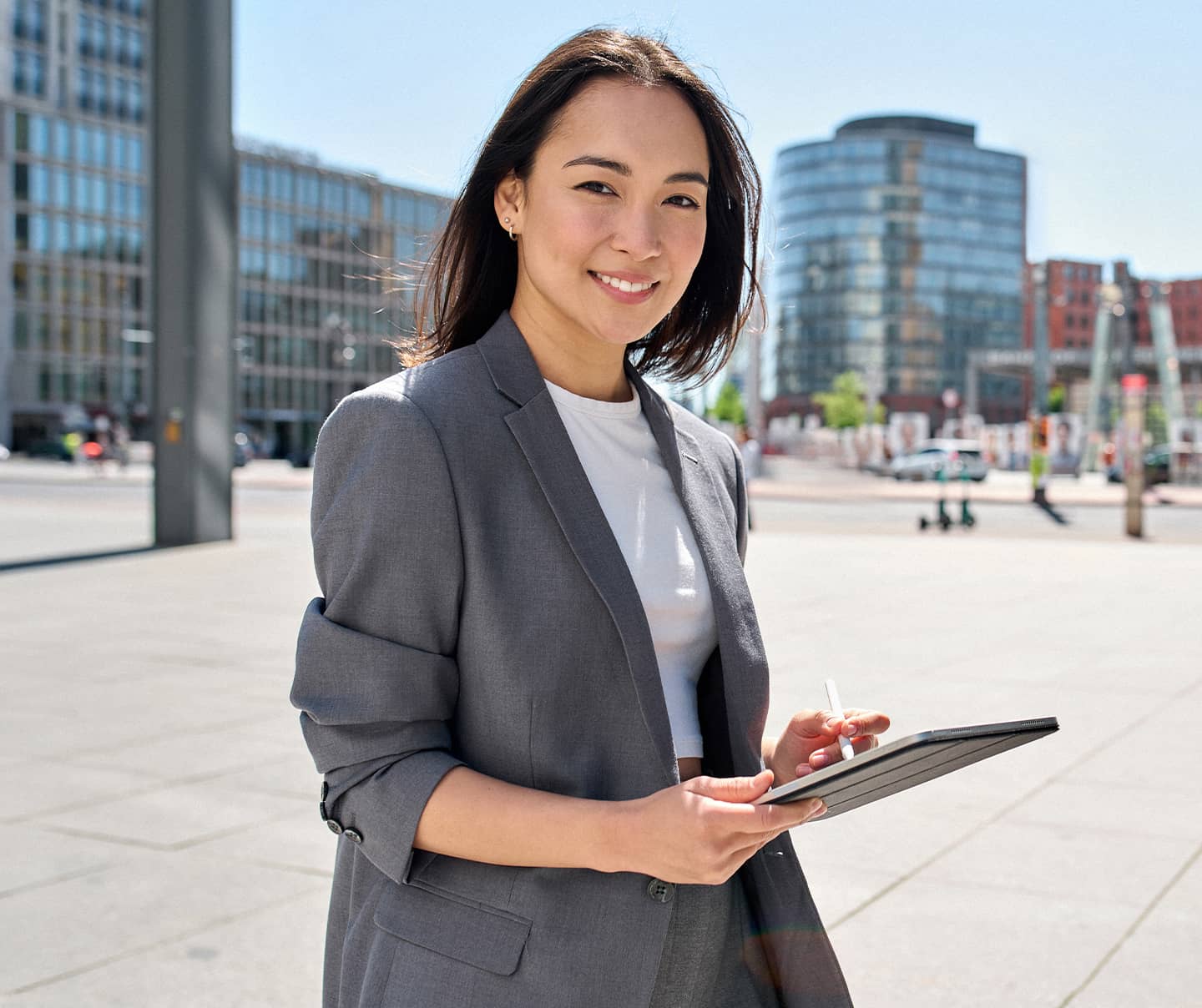 Happy business woman looking for a job in the site