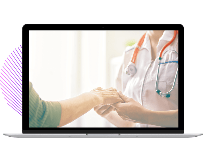Computer with a doctor holding hands with a patient on the screen' loading=