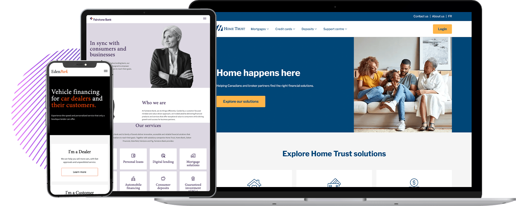 airstone, Eden Park and Home Trust websites on different screens
