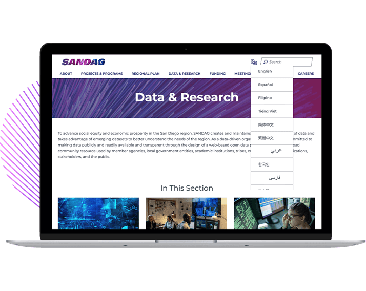 SANDAG's Data & Research page displaying on a laptop screen
