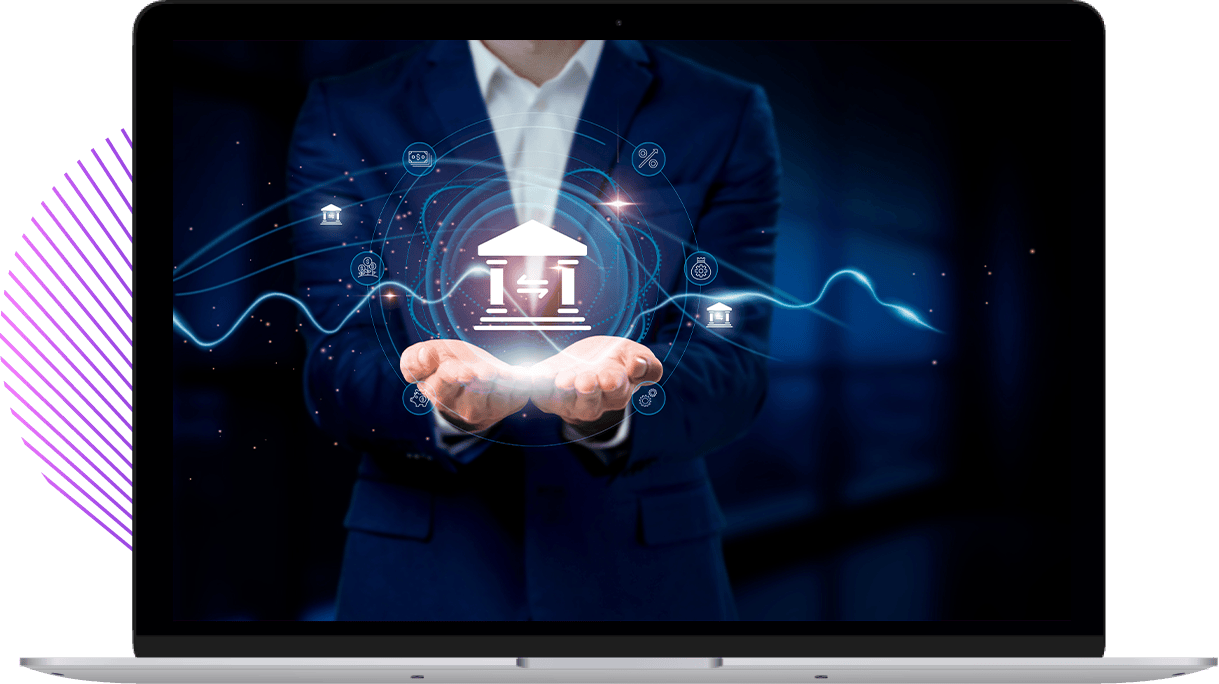 Laptop with a business man holding a virtual banking network