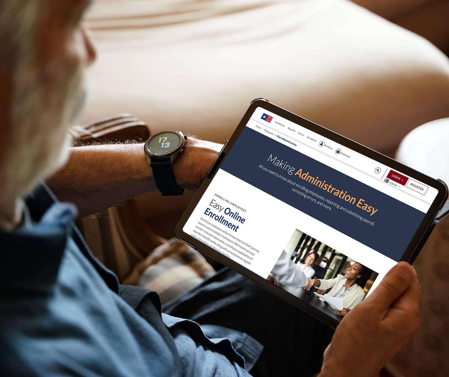 Old man in home with tablet looking at TCDRS website