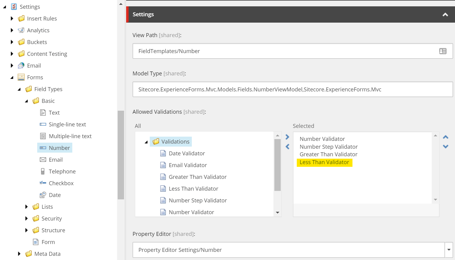 Screenshot of adding 'Less Than Validator' to Validation section