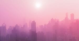 pink foggy cityscape