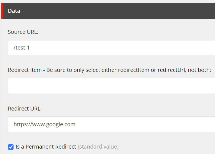Screenshot of an external redirect setup