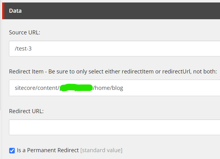 Screenshot of an internal redirect setup