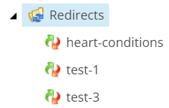 Screenshot of Redirects folder in the content tree
