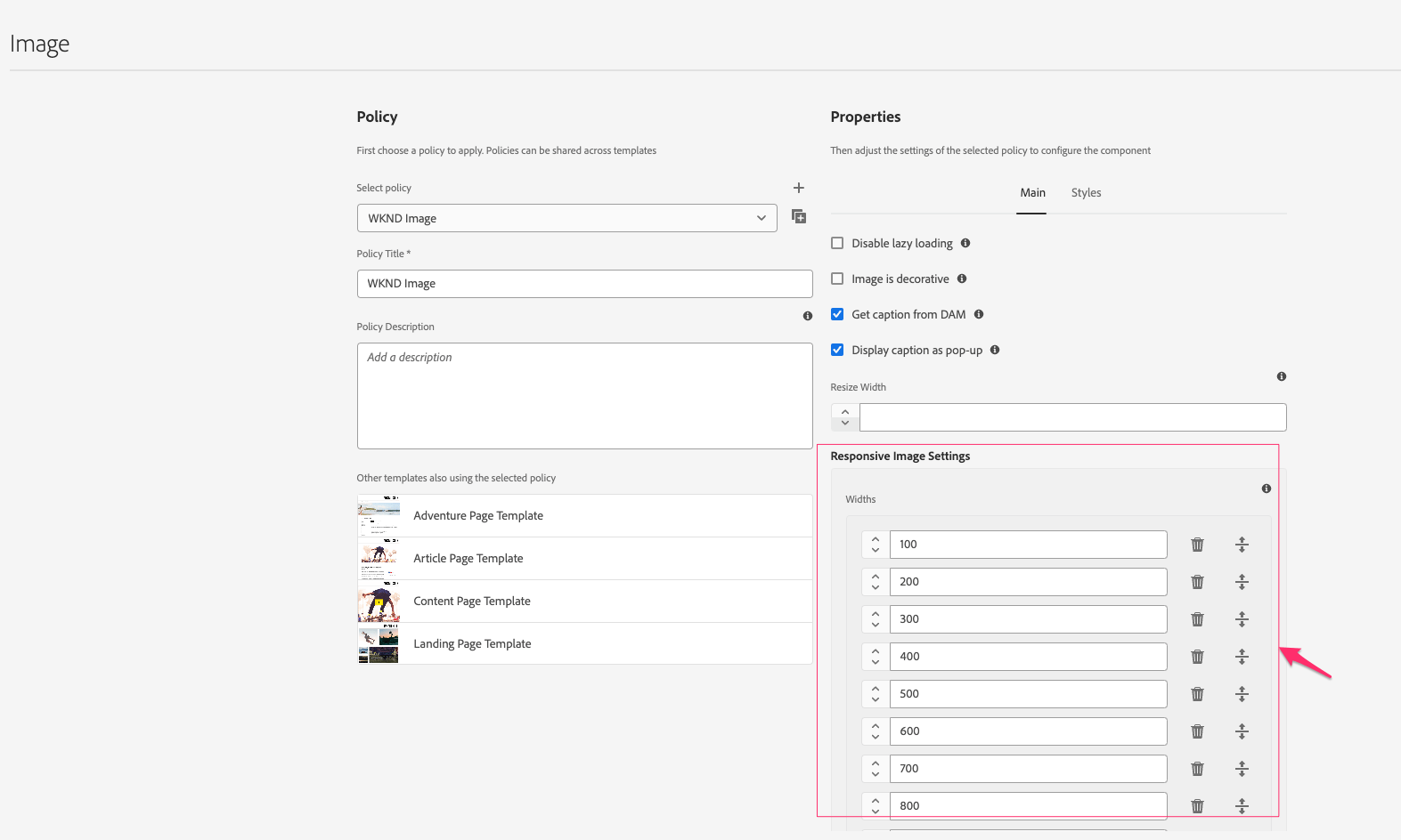 Image Core component Policies options