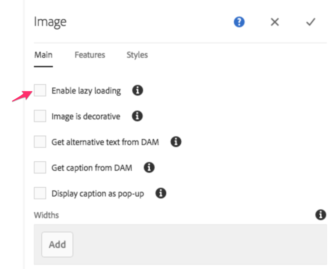 Image Core component (v2) dialog options