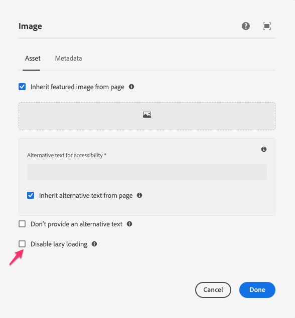 Image Core component (v3) dialog options