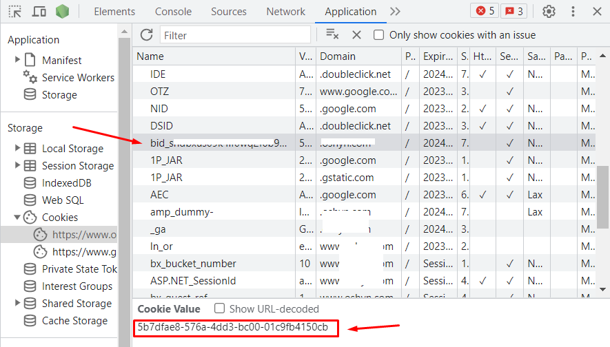 User cookie screenshot