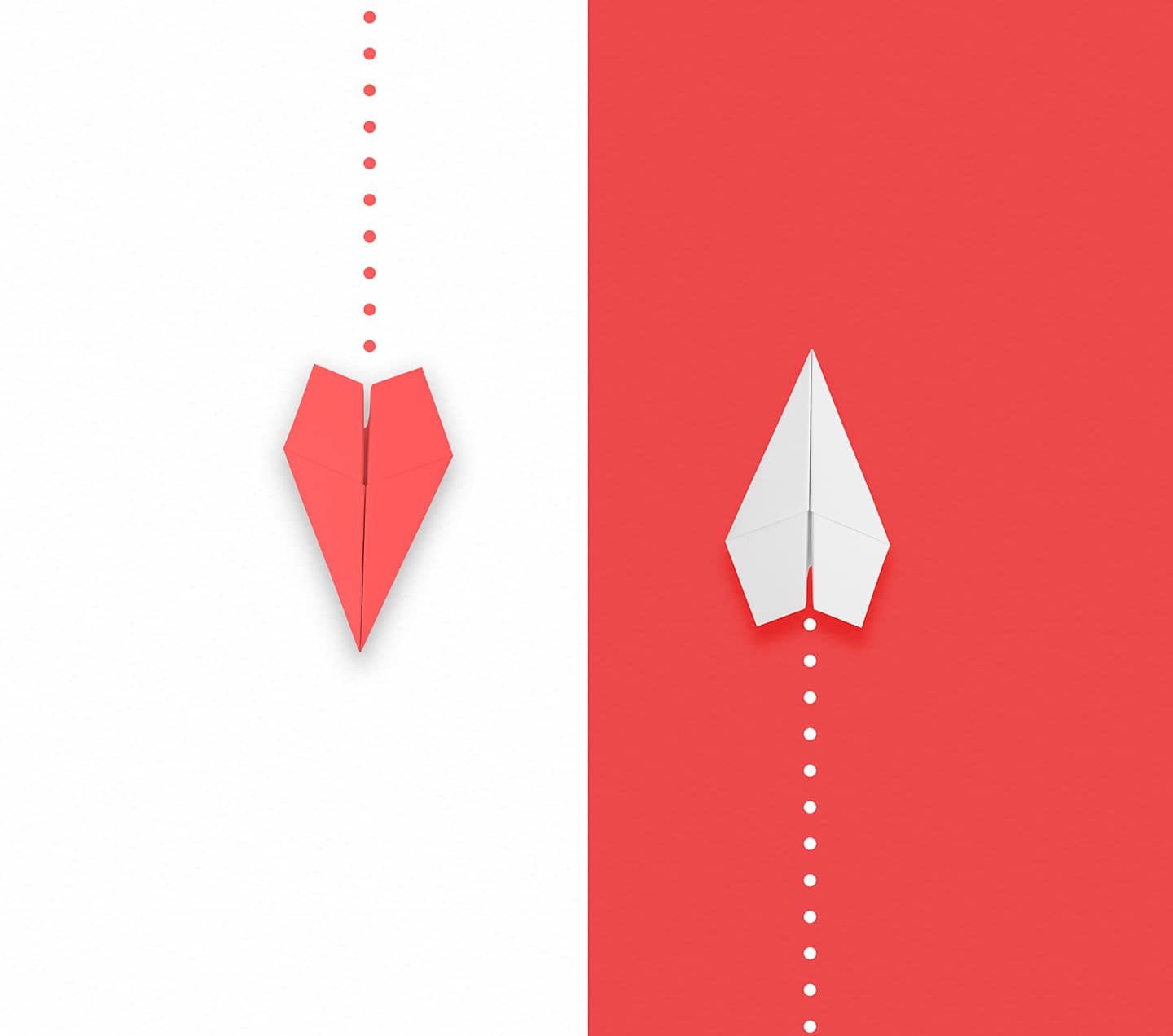 Red and white paper airplane flying different directions.