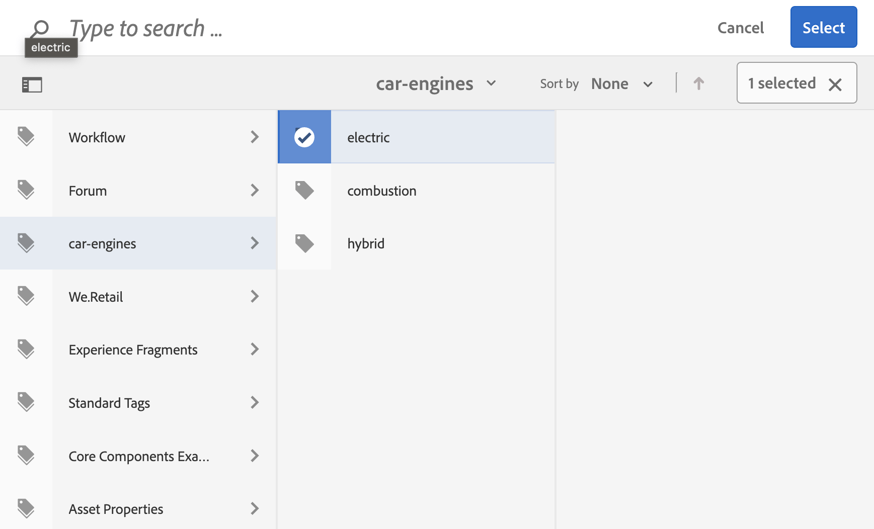 AEM tabs dropdown, Select button