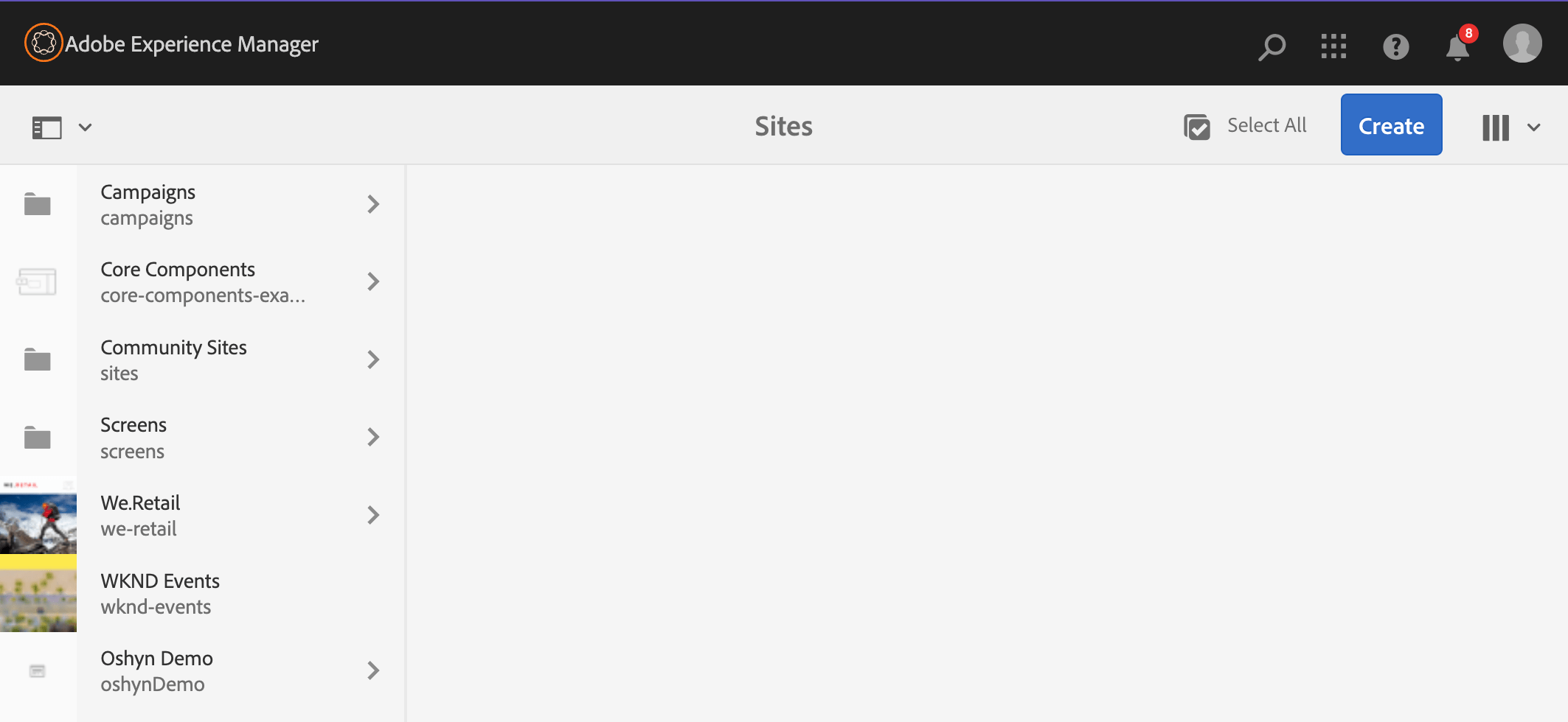AEM Sites screen