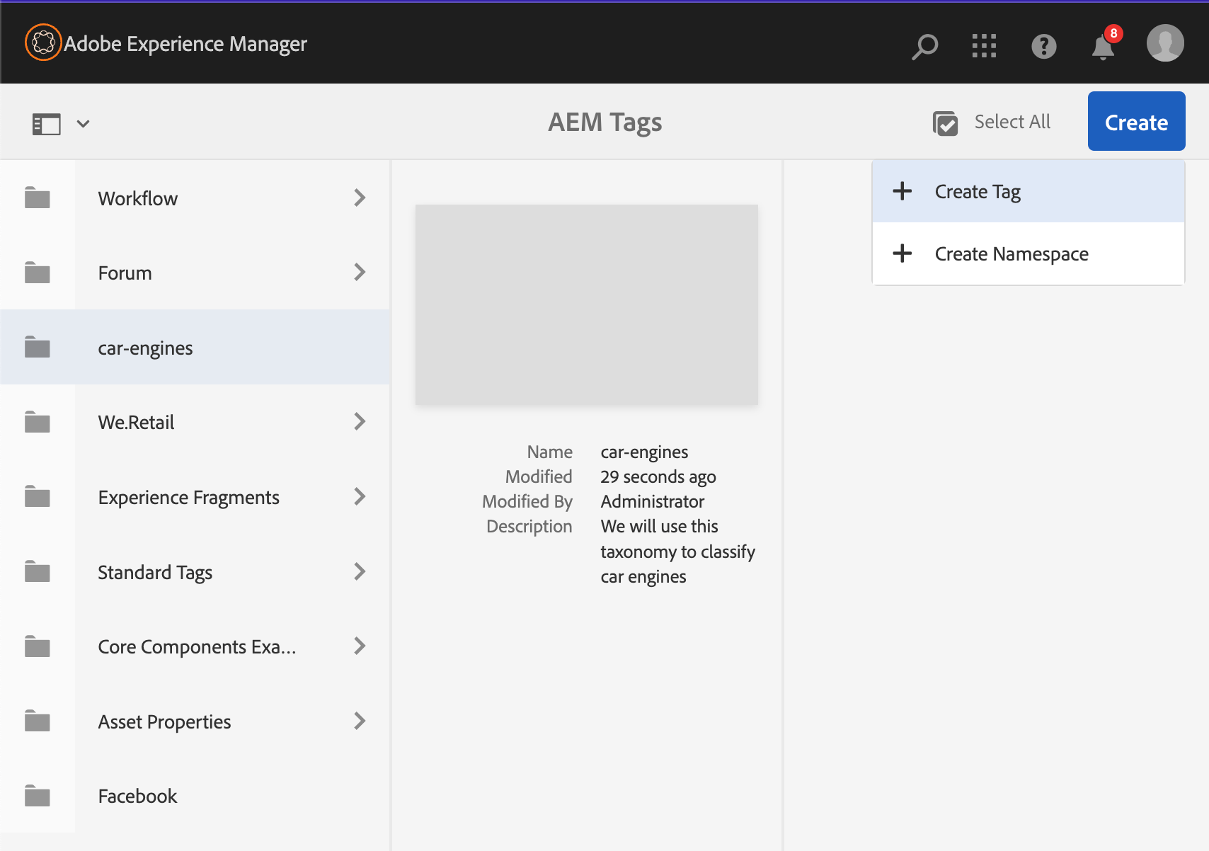 AEM Tags Create Tag Screen