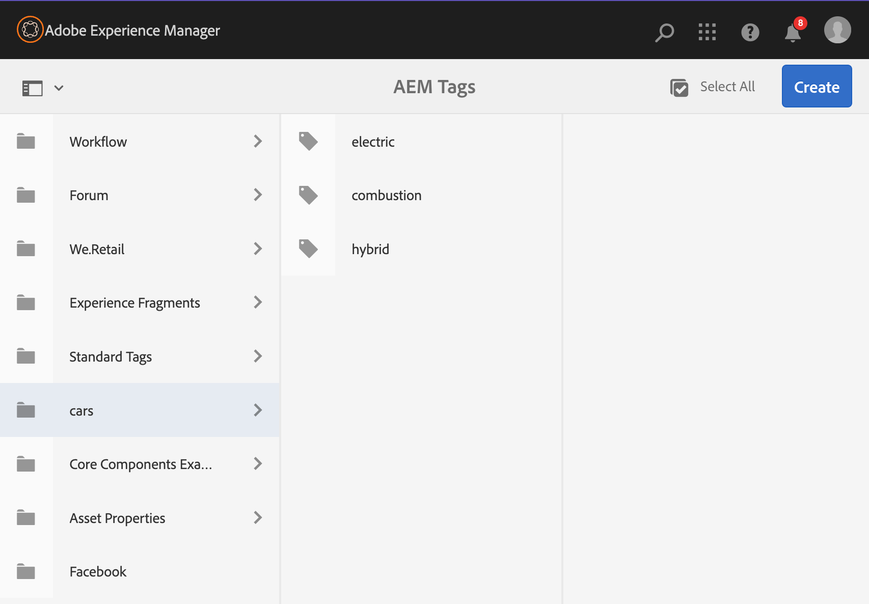 AEM Tags- created tags screen