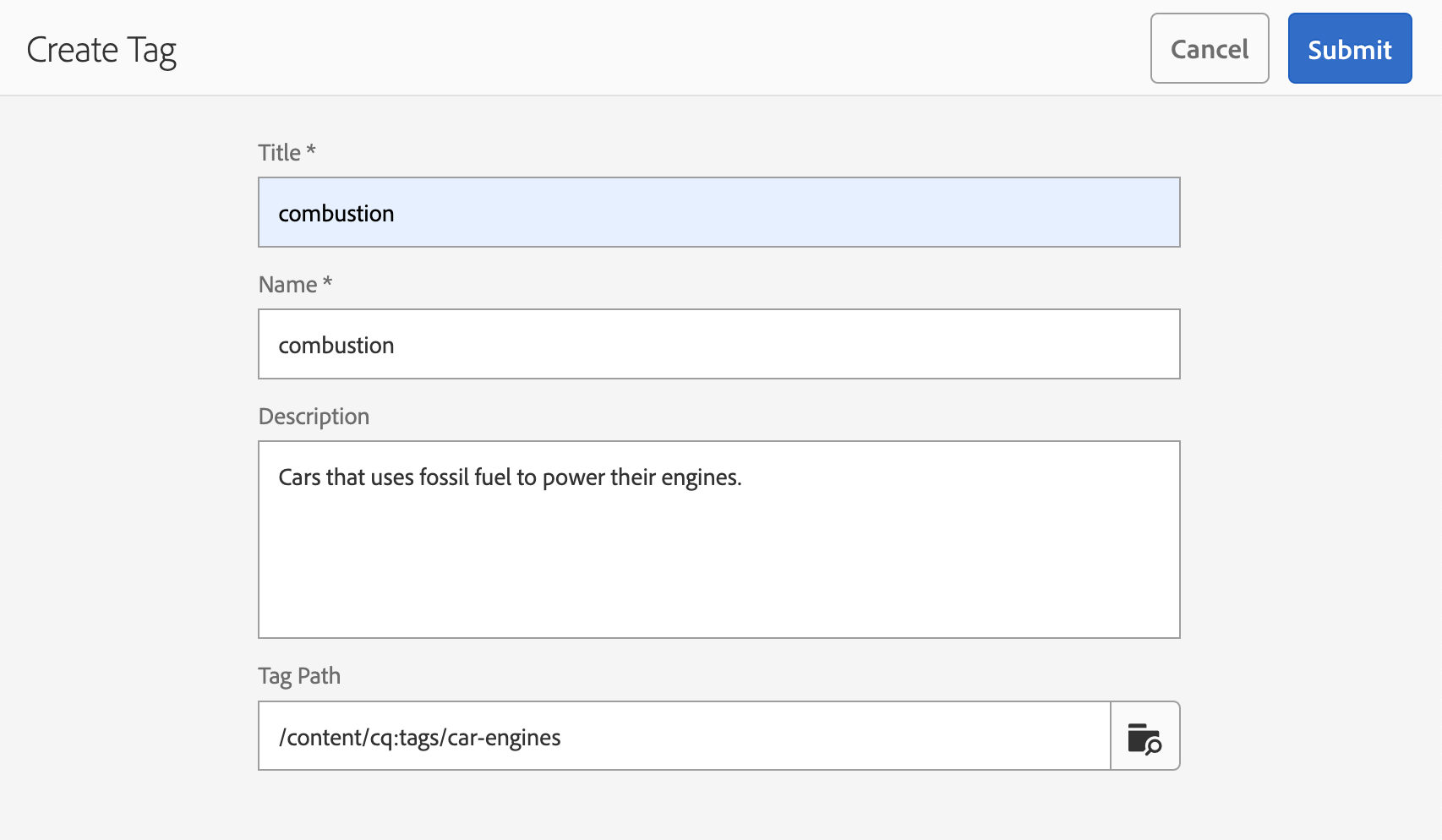 AEM Tags Create Tag Screen - new label