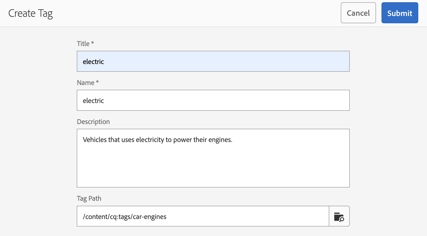AEM Tags Create Tag Pop Up Screen