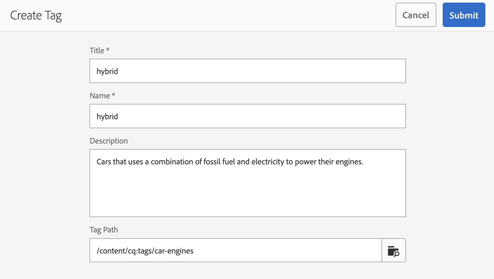AEM Tags Create Tag Screen - new label