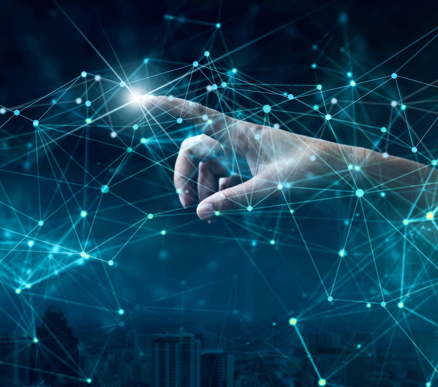 Hand reaching out to cyberspace