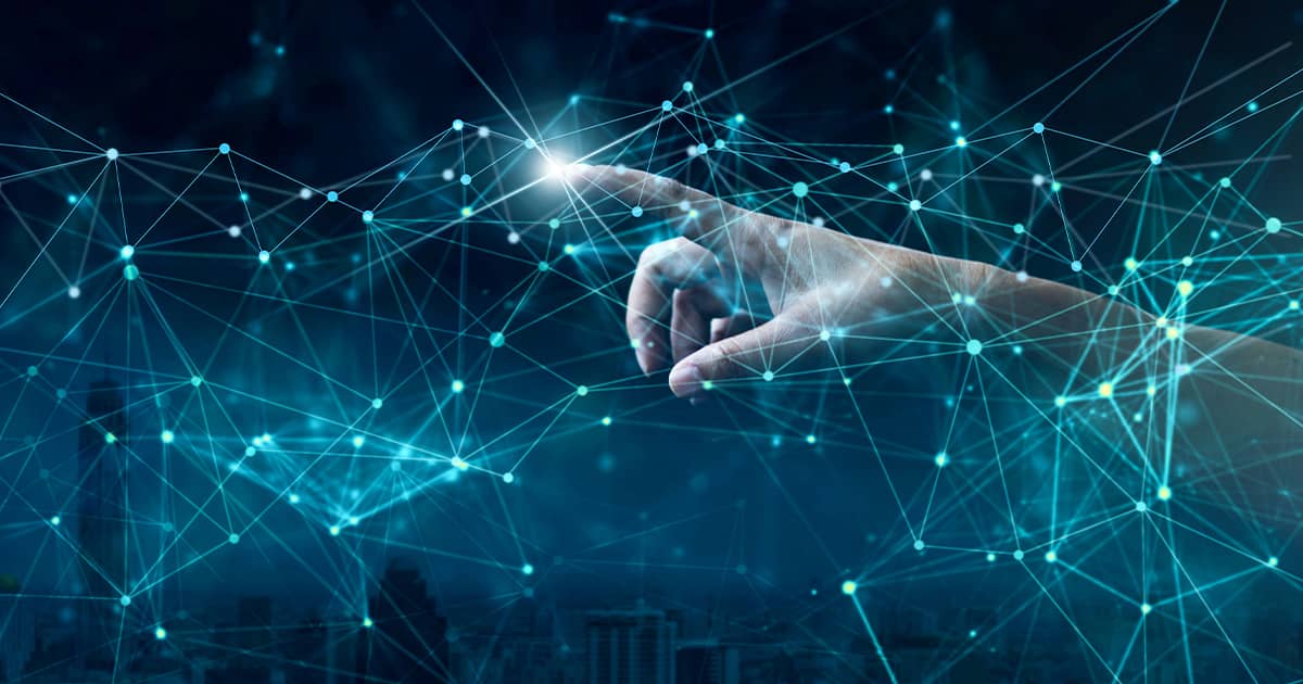 Hand reaching out to cyberspace