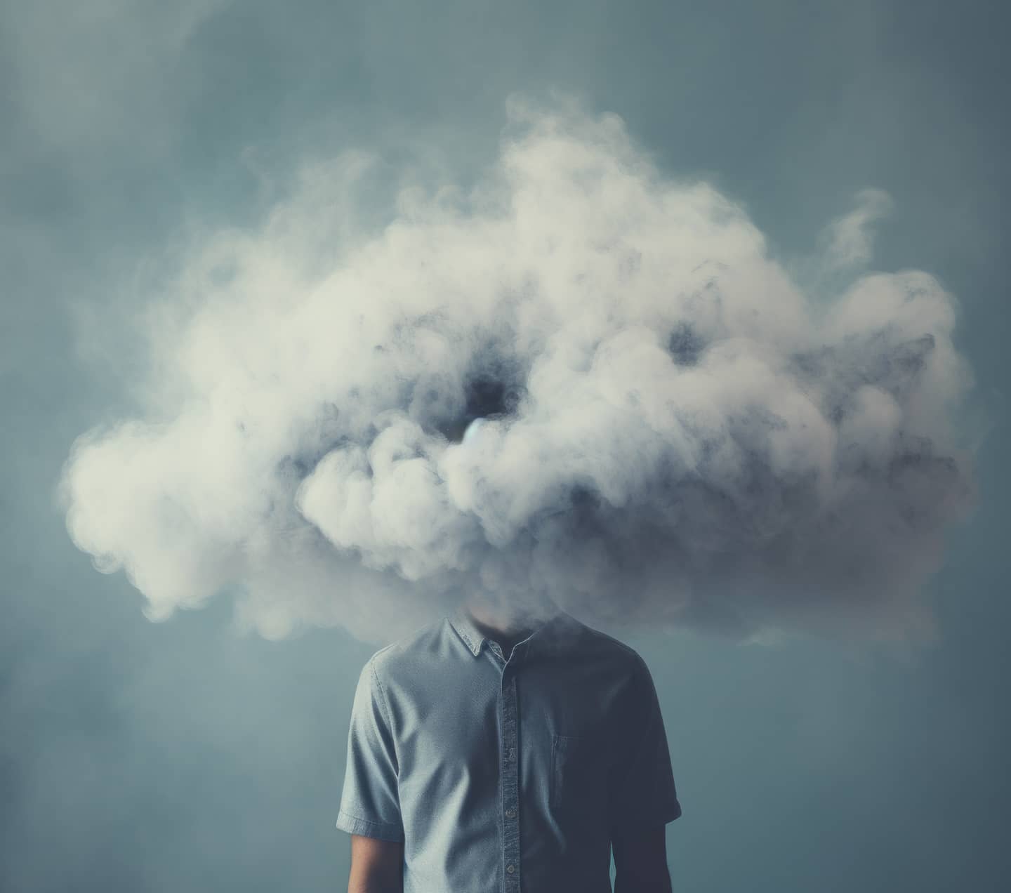 Man wearing a suit with a cloud for a head.