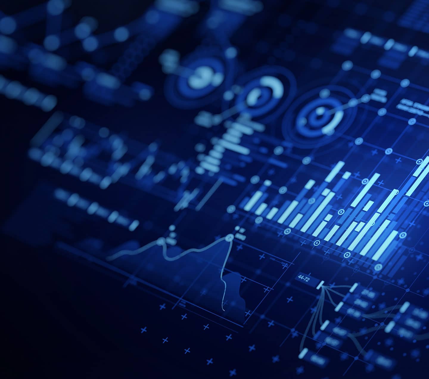 Hologram concept with analytics graphs and tables.