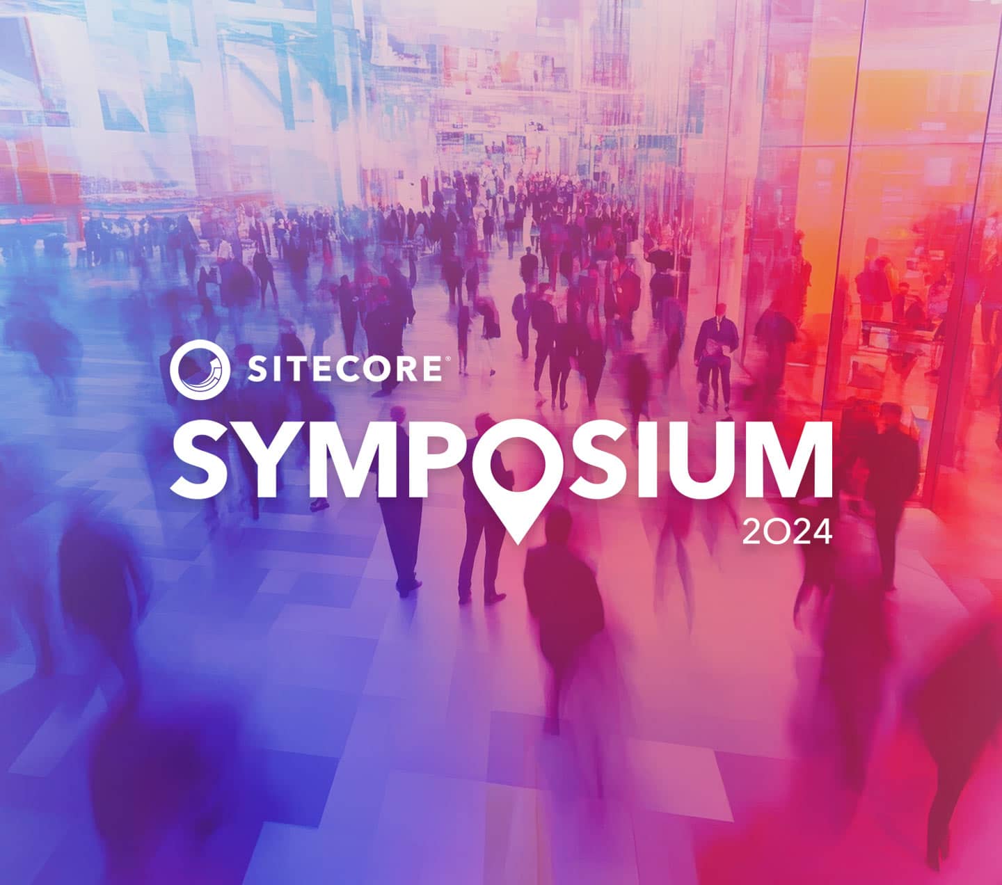 Sitecore Symposium 2024 logo on tradeshow blurry image