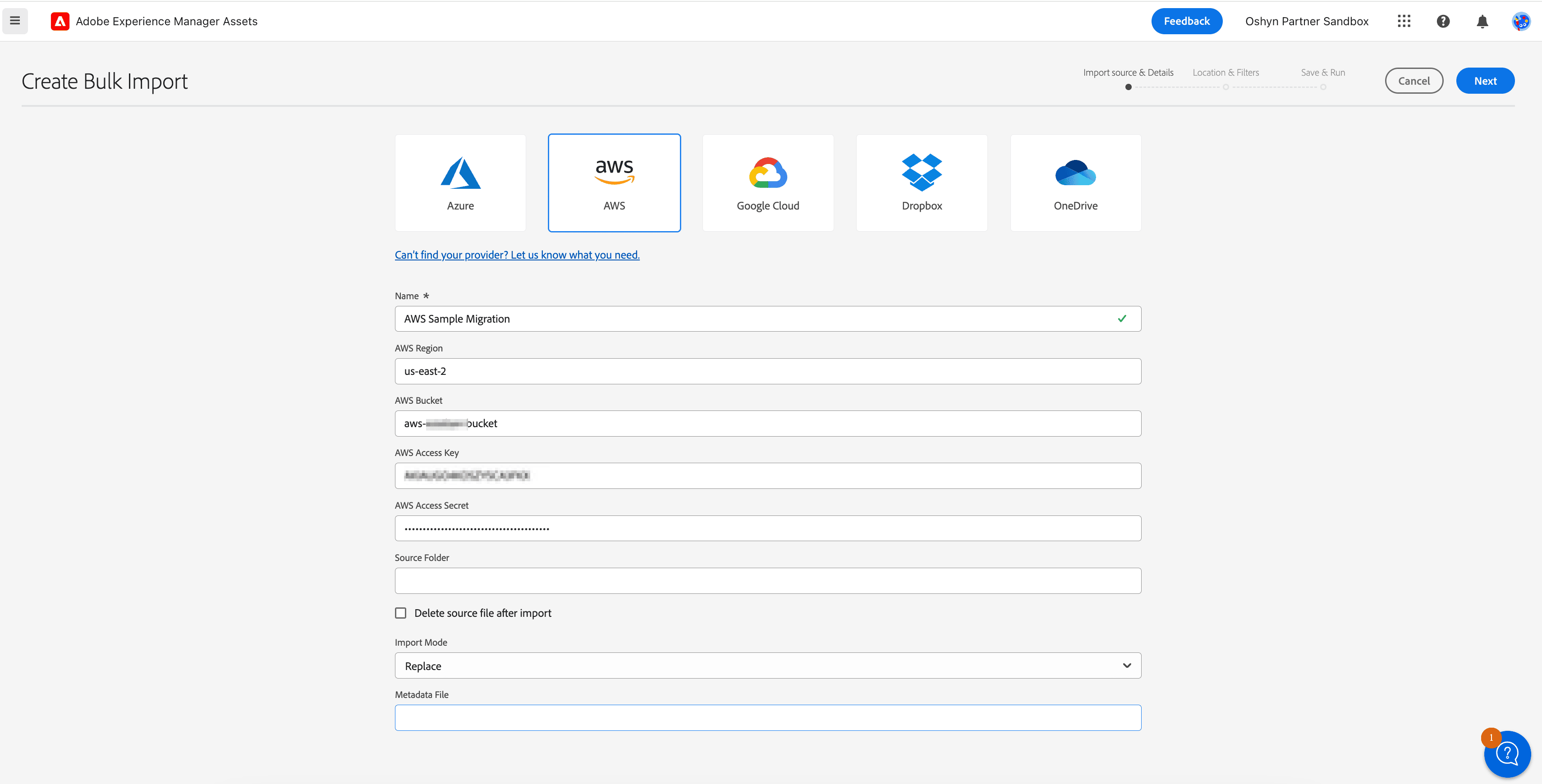 Bulk Import: Import source Screen