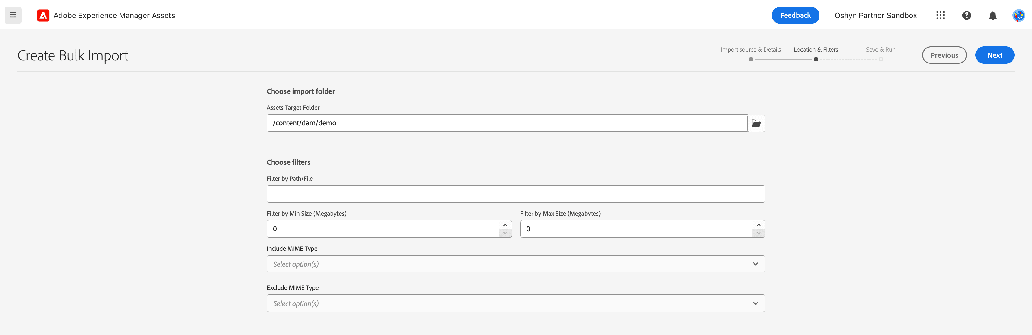 Bulk Import: Location and Filters Screen