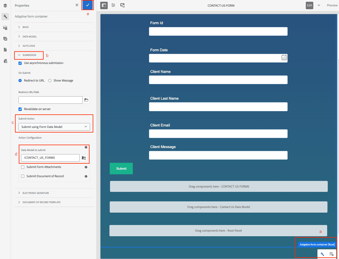 Set the Adaptive Form container submission to use the Contact Us Data Model