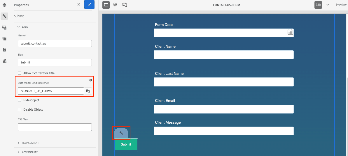 Click Configure and Set the Data Model Bind Reference to the Contact US Table