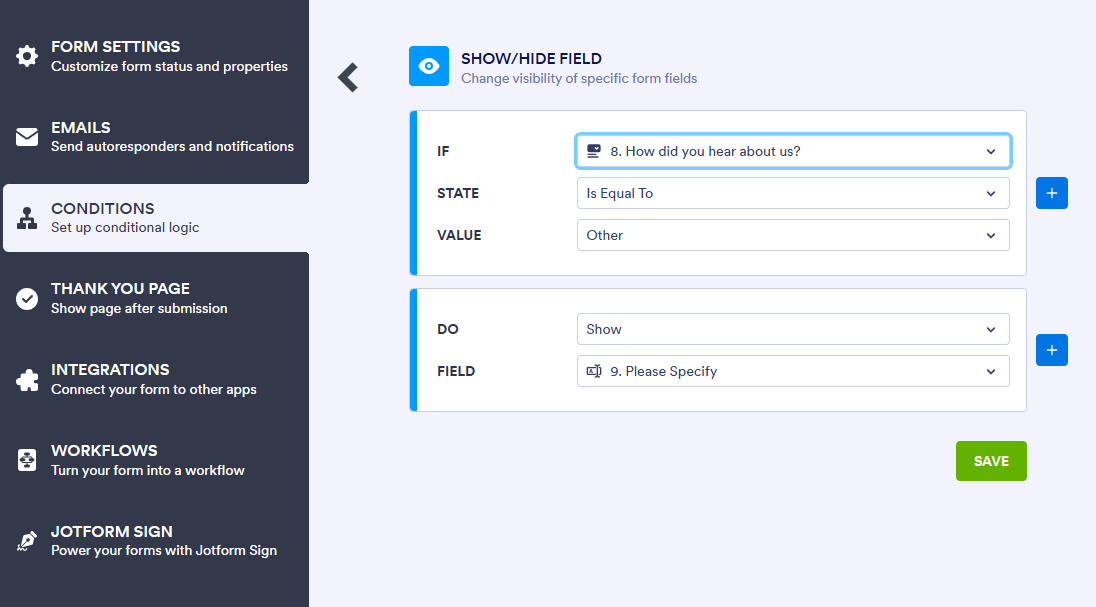 Select Conditions in the Form Builder