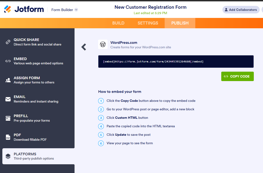 Third-party publishing options example