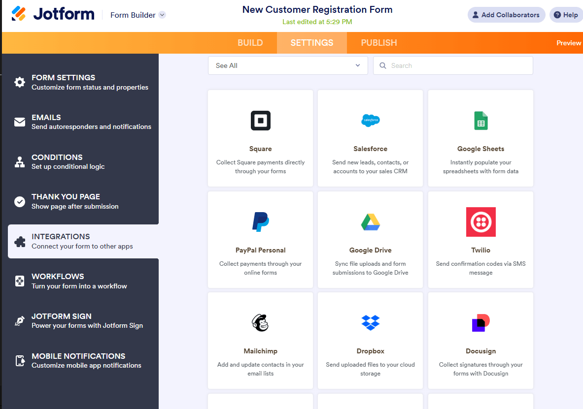 Select Integrations in the Form Builder