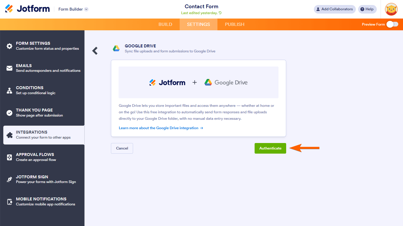 Select Authenticate and connect your Google Drive account
