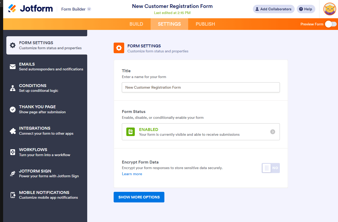 Configure Form Settings page