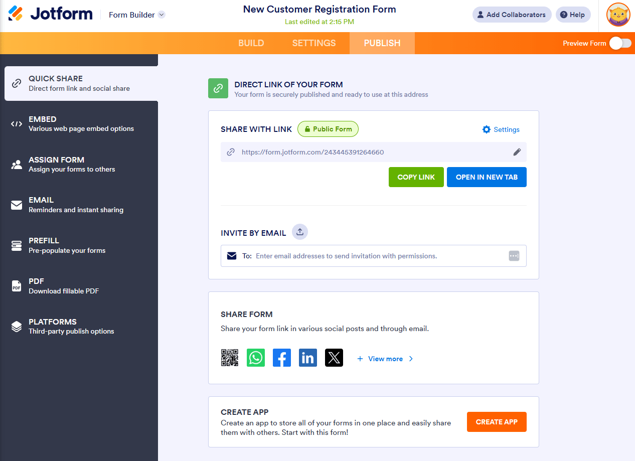 Publish Your Form page