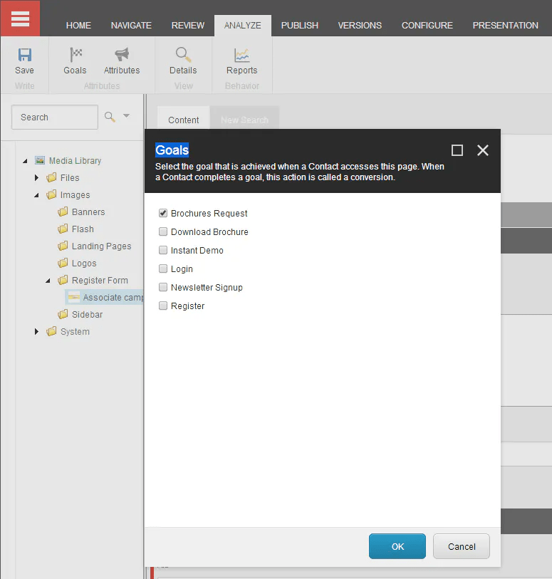 Media Library, it is on the Analyze tab for linking goals with media items