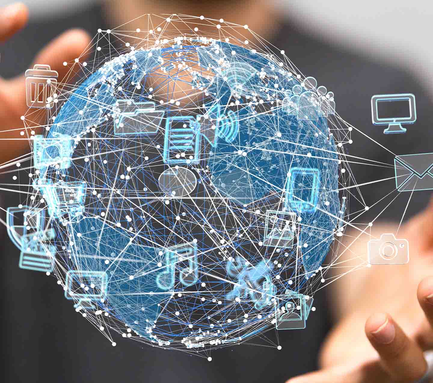 Cyber world held by hands