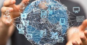 Cyber world held by hands