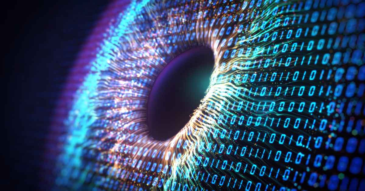 Human multicolored Eye representing AI intelligence