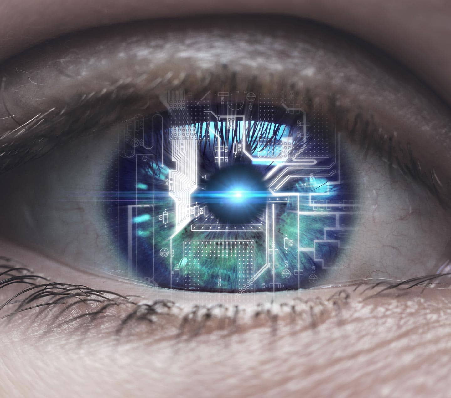 Female eye with overlay of printed circuit board.