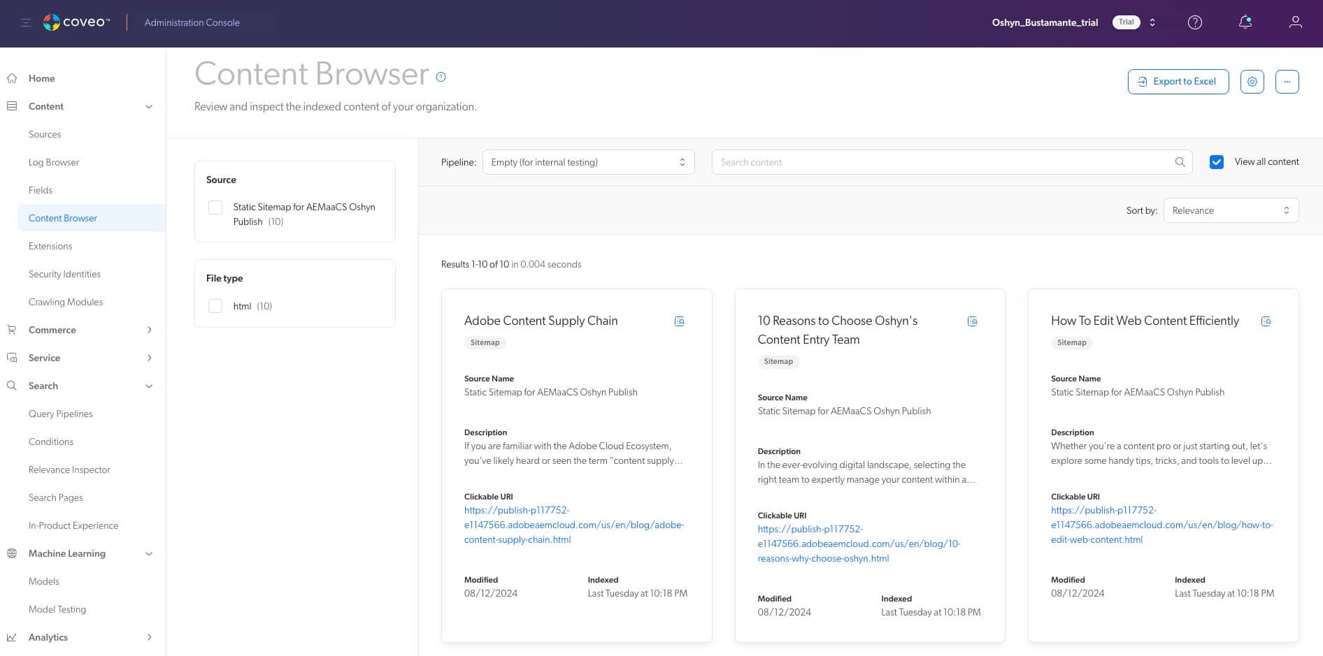 Verifying the content is indexed in the Coveo Dashboard