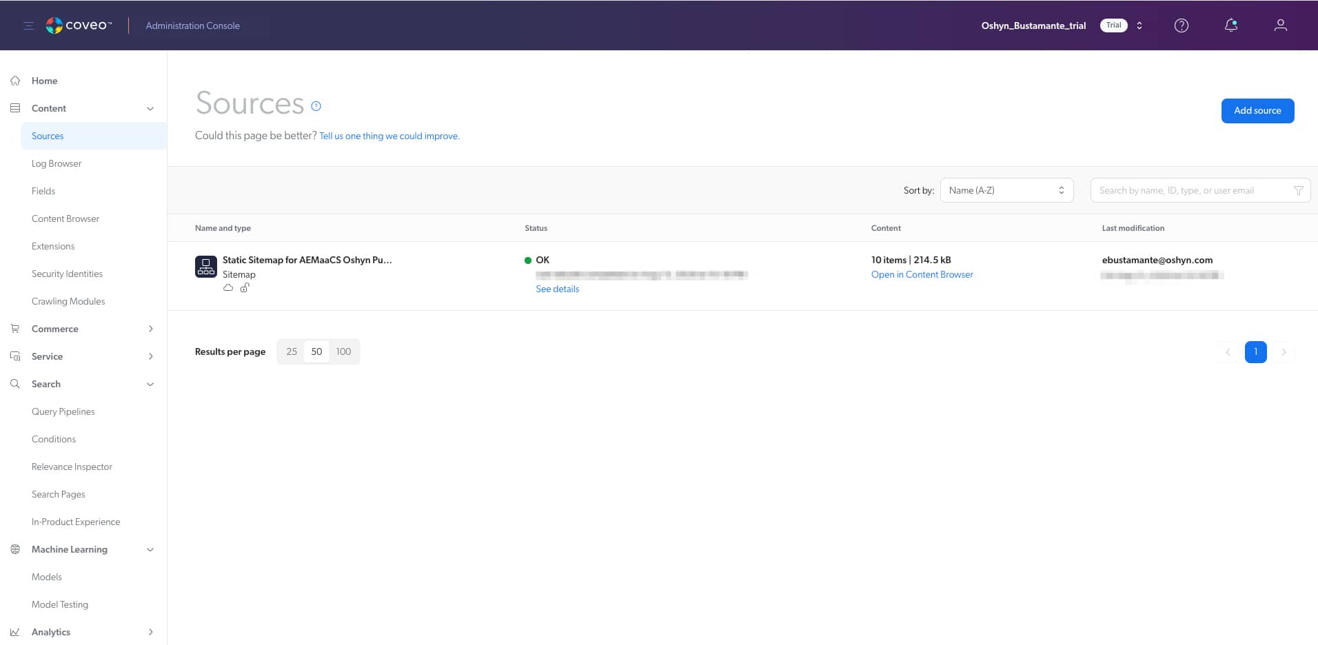 Sources in the Coveo Dashboard