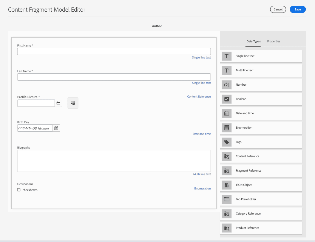 Content Fragment Model Editor