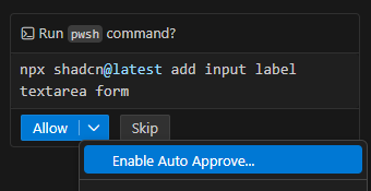 Enable auto approve to let Copilot execute all commands