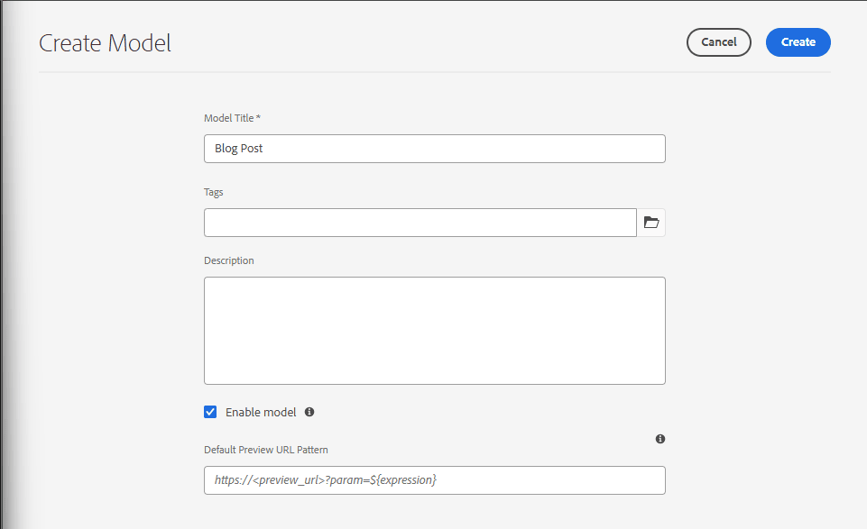 Creation of a new Content Fragment Model