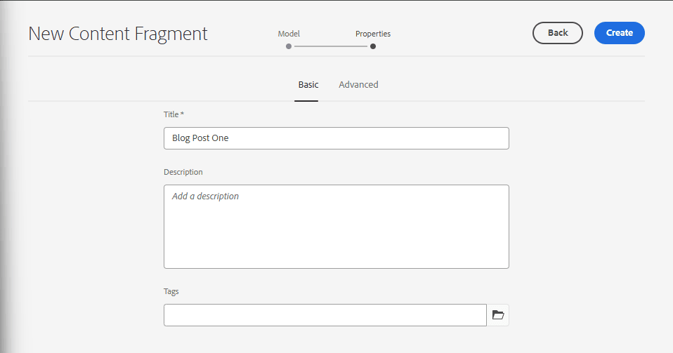 Creation of a new Content Fragment