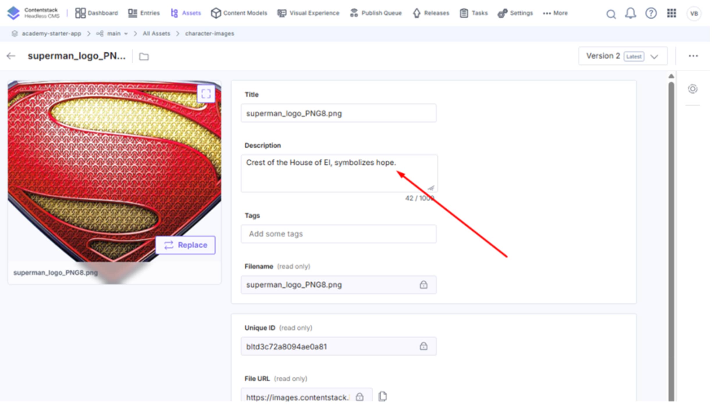 Screenshot of assets in Contentstack - Description highlighted